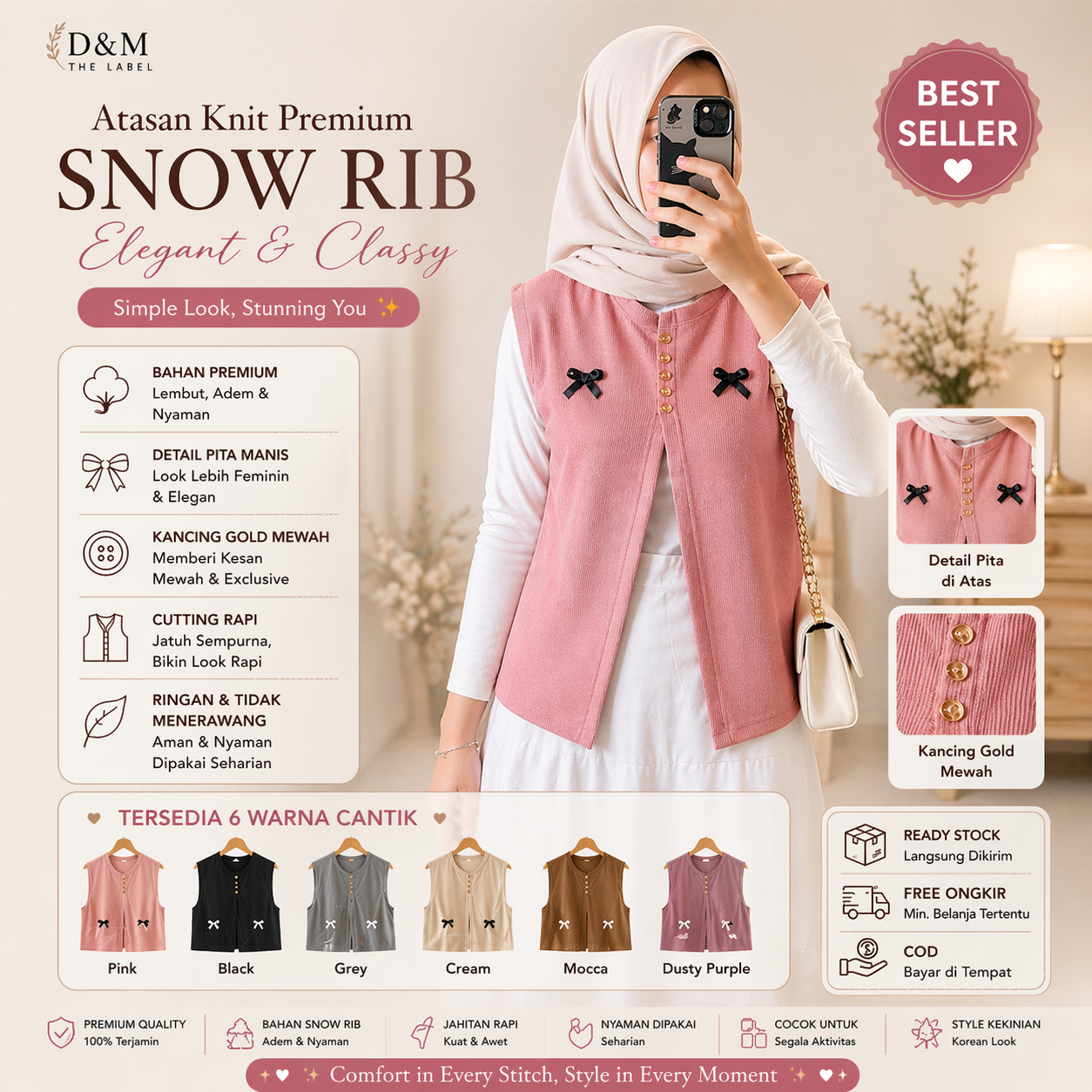 Vest Wanita Knit Snowrib Pita Kecil Outer Rajut Korean Style Tanpa Lengan Simple Elegant D&M The Label, foto 6