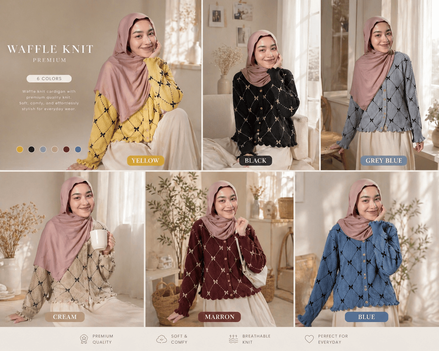 Cardigan Waffle Knit Wanita Premium | Outer Rajut Korea Motif Pita | Atasan Cewek Kekinian Adem & Nyaman